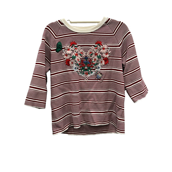 Maje Womens Marco Sweater Floral Embroidered Heart Striped Crewneck Red Size 2 - Picture 1 of 8